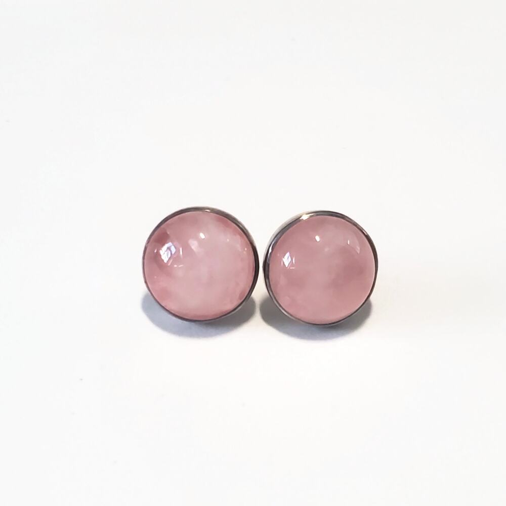 Sterling Silver 12mm Rose Quartz Cabochon Bezel Stud Earrings